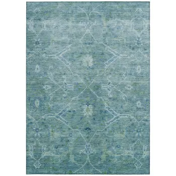 8' X 10' Turquoise And Ivory Floral Washable Indoor Outdoor Area Rug