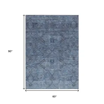 5' X 8' Blue And Gray Floral Washable Indoor Outdoor Area Rug