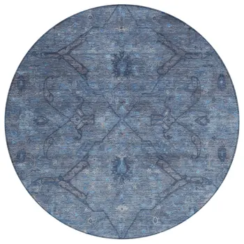 8' Blue And Gray Round Floral Washable Indoor Outdoor Area Rug