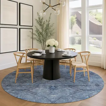 8' Blue And Gray Round Floral Washable Indoor Outdoor Area Rug