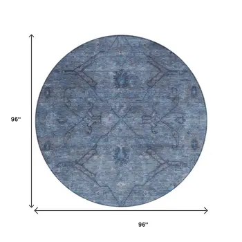 8' Blue And Gray Round Floral Washable Indoor Outdoor Area Rug