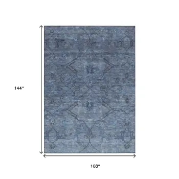 9' X 12' Blue And Gray Floral Washable Indoor Outdoor Area Rug