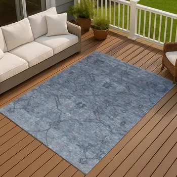10' X 14' Blue And Gray Floral Washable Indoor Outdoor Area Rug