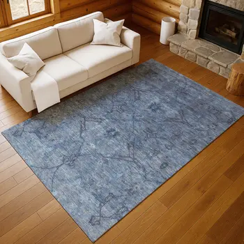 10' X 14' Blue And Gray Floral Washable Indoor Outdoor Area Rug