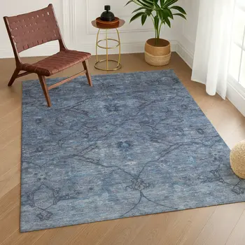 10' X 14' Blue And Gray Floral Washable Indoor Outdoor Area Rug