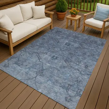 10' X 14' Blue And Gray Floral Washable Indoor Outdoor Area Rug