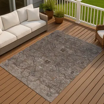 3' X 5' Brown And Taupe Floral Washable Indoor Outdoor Area Rug