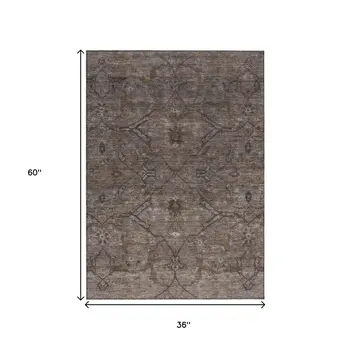3' X 5' Brown And Taupe Floral Washable Indoor Outdoor Area Rug