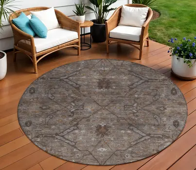 8' Brown And Taupe Round Floral Washable Indoor Outdoor Area Rug