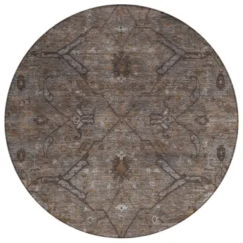 8' Brown And Taupe Round Floral Washable Indoor Outdoor Area Rug