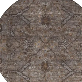 8' Brown And Taupe Round Floral Washable Indoor Outdoor Area Rug