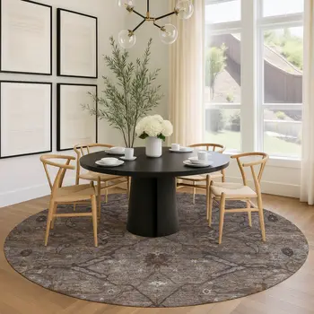 8' Brown And Taupe Round Floral Washable Indoor Outdoor Area Rug