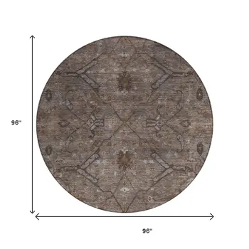 8' Brown And Taupe Round Floral Washable Indoor Outdoor Area Rug