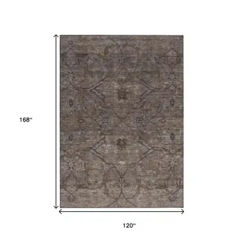 10' X 14' Brown And Taupe Floral Washable Indoor Outdoor Area Rug