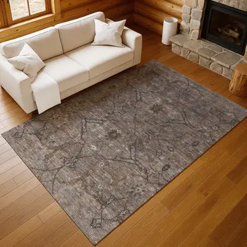 10' X 14' Brown And Taupe Floral Washable Indoor Outdoor Area Rug
