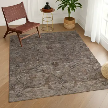 10' X 14' Brown And Taupe Floral Washable Indoor Outdoor Area Rug