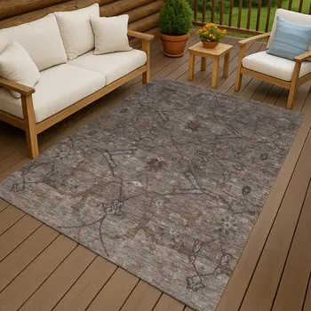 10' X 14' Brown And Taupe Floral Washable Indoor Outdoor Area Rug