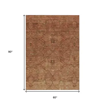 5' X 8' Terra Cotta And Taupe Floral Washable Indoor Outdoor Area Rug