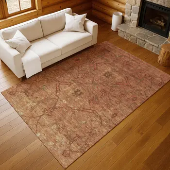 5' X 8' Terra Cotta And Taupe Floral Washable Indoor Outdoor Area Rug