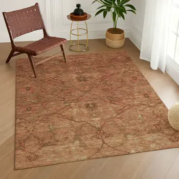 5' X 8' Terra Cotta And Taupe Floral Washable Indoor Outdoor Area Rug