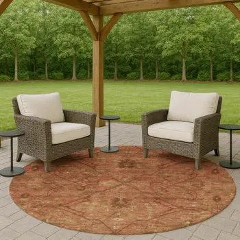 8' Terra Cotta And Taupe Round Floral Washable Indoor Outdoor Area Rug