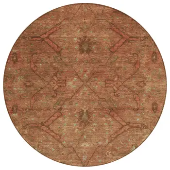 8' Terra Cotta And Taupe Round Floral Washable Indoor Outdoor Area Rug
