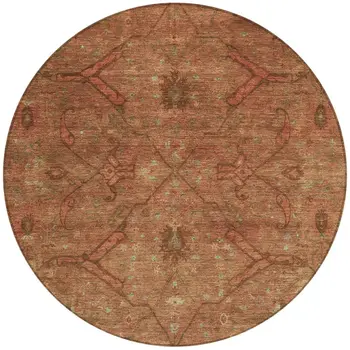 8' Terra Cotta And Taupe Round Floral Washable Indoor Outdoor Area Rug