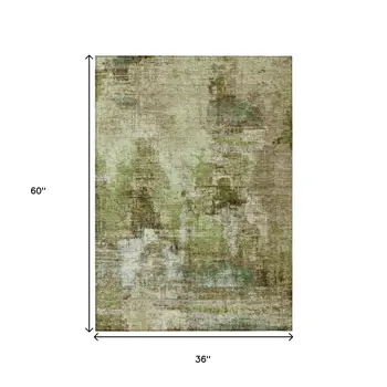 3' X 5' Artichoke Green And Beige Abstract Washable Indoor Outdoor Area Rug
