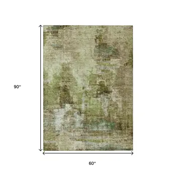 5' X 8' Artichoke Green And Beige Abstract Washable Indoor Outdoor Area Rug