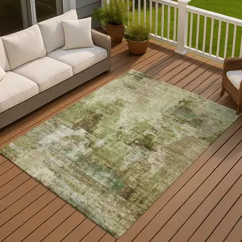 5' X 8' Artichoke Green And Beige Abstract Washable Indoor Outdoor Area Rug