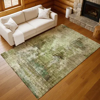 5' X 8' Artichoke Green And Beige Abstract Washable Indoor Outdoor Area Rug