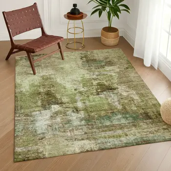 5' X 8' Artichoke Green And Beige Abstract Washable Indoor Outdoor Area Rug