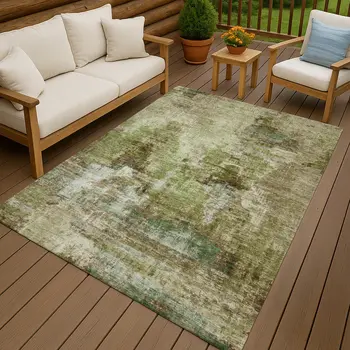 5' X 8' Artichoke Green And Beige Abstract Washable Indoor Outdoor Area Rug