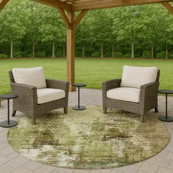 8' Artichoke Green And Beige Round Abstract Washable Indoor Outdoor Area Rug