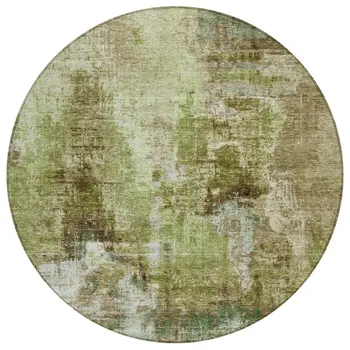 8' Artichoke Green And Beige Round Abstract Washable Indoor Outdoor Area Rug