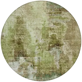 8' Artichoke Green And Beige Round Abstract Washable Indoor Outdoor Area Rug