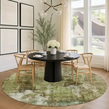 8' Artichoke Green And Beige Round Abstract Washable Indoor Outdoor Area Rug