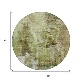 8' Artichoke Green And Beige Round Abstract Washable Indoor Outdoor Area Rug