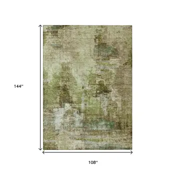 9' X 12' Artichoke Green And Beige Abstract Washable Indoor Outdoor Area Rug