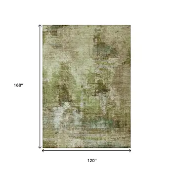 10' X 14' Artichoke Green And Beige Abstract Washable Indoor Outdoor Area Rug