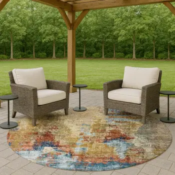 8' Beige Blue And Gold Round Abstract Washable Indoor Outdoor Area Rug