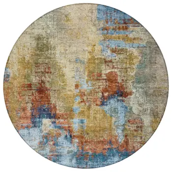 8' Beige Blue And Gold Round Abstract Washable Indoor Outdoor Area Rug