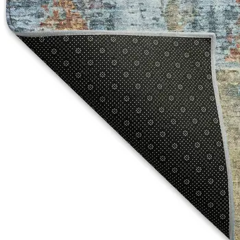 8' Beige Blue And Gold Round Abstract Washable Indoor Outdoor Area Rug
