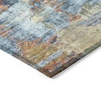 8' Beige Blue And Gold Round Abstract Washable Indoor Outdoor Area Rug