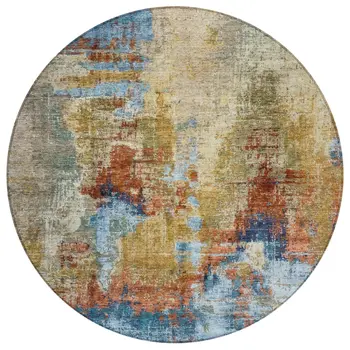 8' Beige Blue And Gold Round Abstract Washable Indoor Outdoor Area Rug