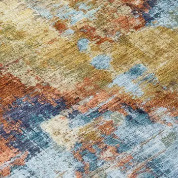 8' Beige Blue And Gold Round Abstract Washable Indoor Outdoor Area Rug