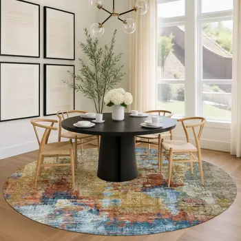 8' Beige Blue And Gold Round Abstract Washable Indoor Outdoor Area Rug