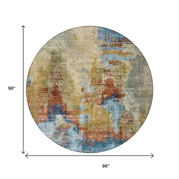 8' Beige Blue And Gold Round Abstract Washable Indoor Outdoor Area Rug