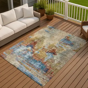 8' X 10' Beige Blue And Gold Abstract Washable Indoor Outdoor Area Rug