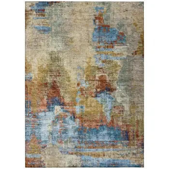 8' X 10' Beige Blue And Gold Abstract Washable Indoor Outdoor Area Rug